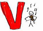 A childlike drawing of the letter V, with a stick man playing a violin