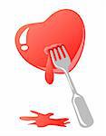 Stylized heart  with fork and blood isolated over white background. Valentine's illustration.