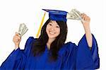 An Asian teenage in blue graduation gown and smiling while hold US money to illustrate to high cost of education.  She is on a white background.
