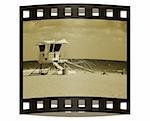 Black and white negative of lifeguard station on Miami Beach