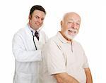 Doctor listening to a senior man's lungs.  Both smiling at camera.  Isolated.