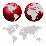 World map and red globes isolated on white