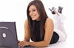 happy woman checking emails on laptop