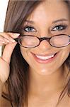 woman pulling glasses with a gorgeous smile
