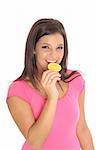 happy model eating an orange slice