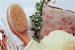 Towels and soap assortment for bathroom or wellness therapy