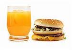 hamburger and orange juice on white background, minimal natural shadow in front