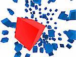 3d rendered illustration of exploding blue and red cubes