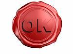 3d rendered illustration of a red wax seal with the letters "ok"