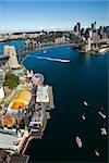 Aerial view of Luna Park Sydney, Australia with boats in Sydney harbour and view of Sydney Harbour Bridge.