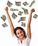 Happy young woman and dollar banknotes
