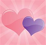 Graphic illustration of two large shiny pastel hearts against a pink vortex background.