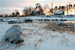 Maisons à côté de pré glacée, Europe, États baltes, Lettonie