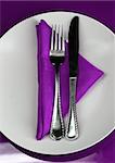 A modern restaurant table setting in purple