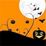 warm Halloween background with pumpkins and bats under a big bright moon