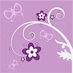 Graphic illustration of pink and purple butterflies and flowers against a lavender background.