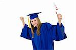 A preteen caucasian girl with blond hair standing in blue graduation gown and smiling.  She is on a white background.