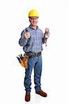 Friendly electrician in safety gear with his wirestrippers & voltage meter.  Full body isolated on white.