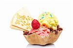 Delicious ice cream wafer with soft shadow, reflected on white background. Shallow depth of field