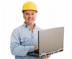 Construction contractor using his laptop.  Isolated on white.
