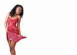 attractive African girl in red sparkly dress, isolated on whote