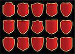 red shield with gloden border; design set with various shapes