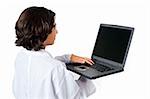 teenager with lab gown holding laptop isolated on white