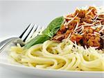 Spaghetti noodles with meat sauce.