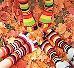 Three Children's Feet in Autumn Leaves