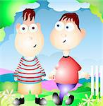 Illustration of two   boys in backyard