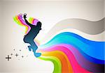 Active man jumping with flowing waves of colour. Vector illustration.