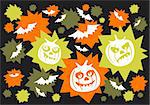 Pumpkins and bats on a black background. Halloween illustration.