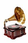 photo of retro gramophone with disc isolated over white background