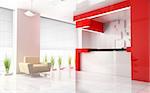 Red reception in modern hotel  3d image