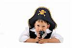 Lying pirate boy on isolated white background