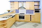 Complete wooden kitchen with blue details horizontal