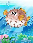 Balloonfish with bubbles - color illustration.