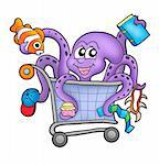 Octopus and shopping cart - color illustration.