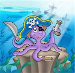 Pirate octopus with shipwreck - color illustration.
