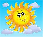 Smiling Sun on blue sky - color illustration.