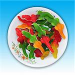 A plate of crocodile shaped jelly candies. Including clipping path.
