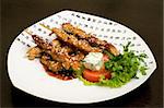 japanese oriental food on white dish, teriyaki