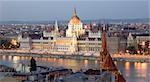 Danube embankment and Hungarian Parliament In the evening.