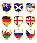 Collection of nine different flag layed over a shield with drop shadow