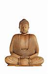Wooden Buddha with eyes closed in prayer over white background.