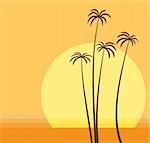 Illustration vectorielle du soleil descend sur l'océan et la plage de palm.