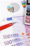 Calculator, pen and euros on market business financial chart background. Shallow depth of field