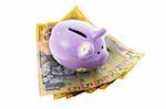Piggy Bank with Notes on White Background