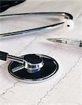 Stethoscope and pen laying on the cardiogram