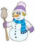 Snowman with broom - vector illustration.